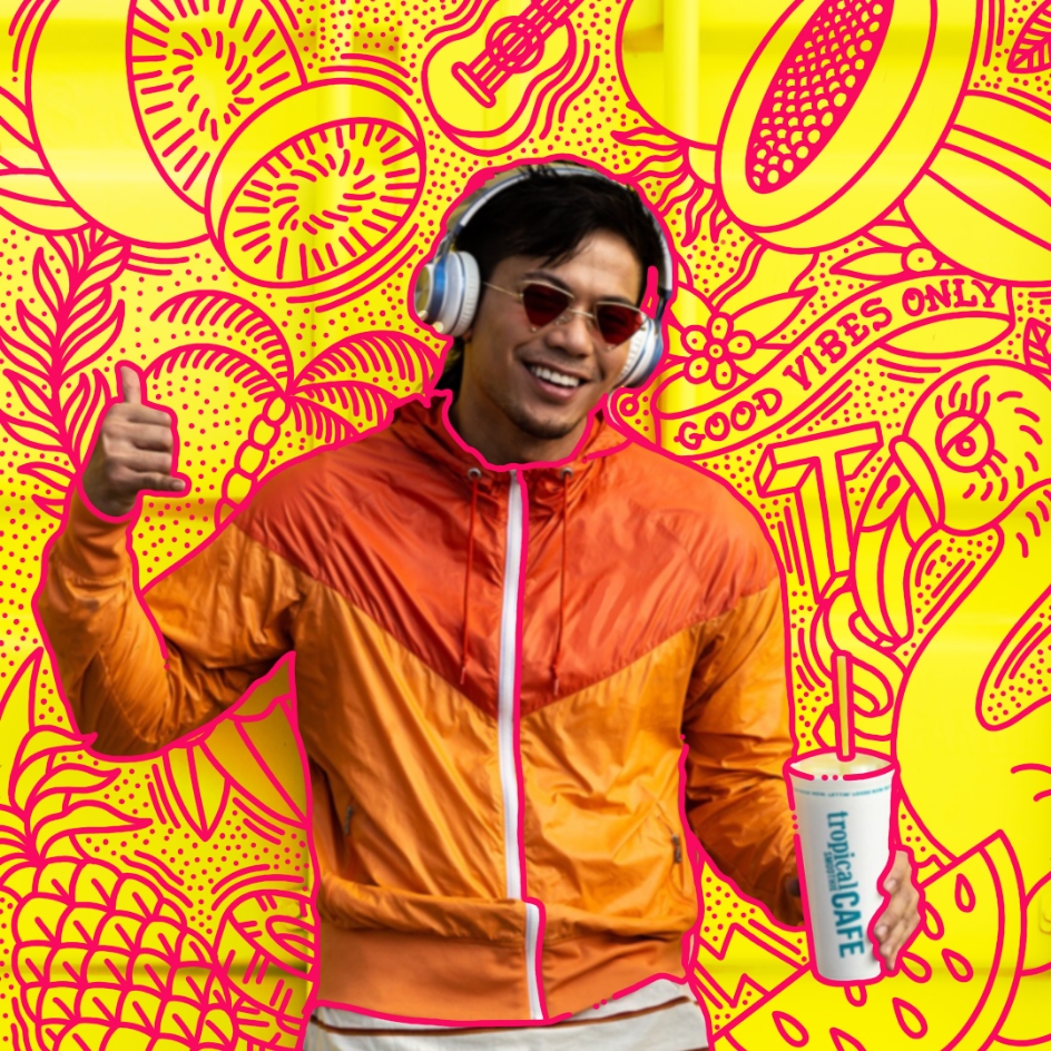 Tropical Smoothie Cafe - Logo Design, Man with Headphones and Disposable Cup, Graphic