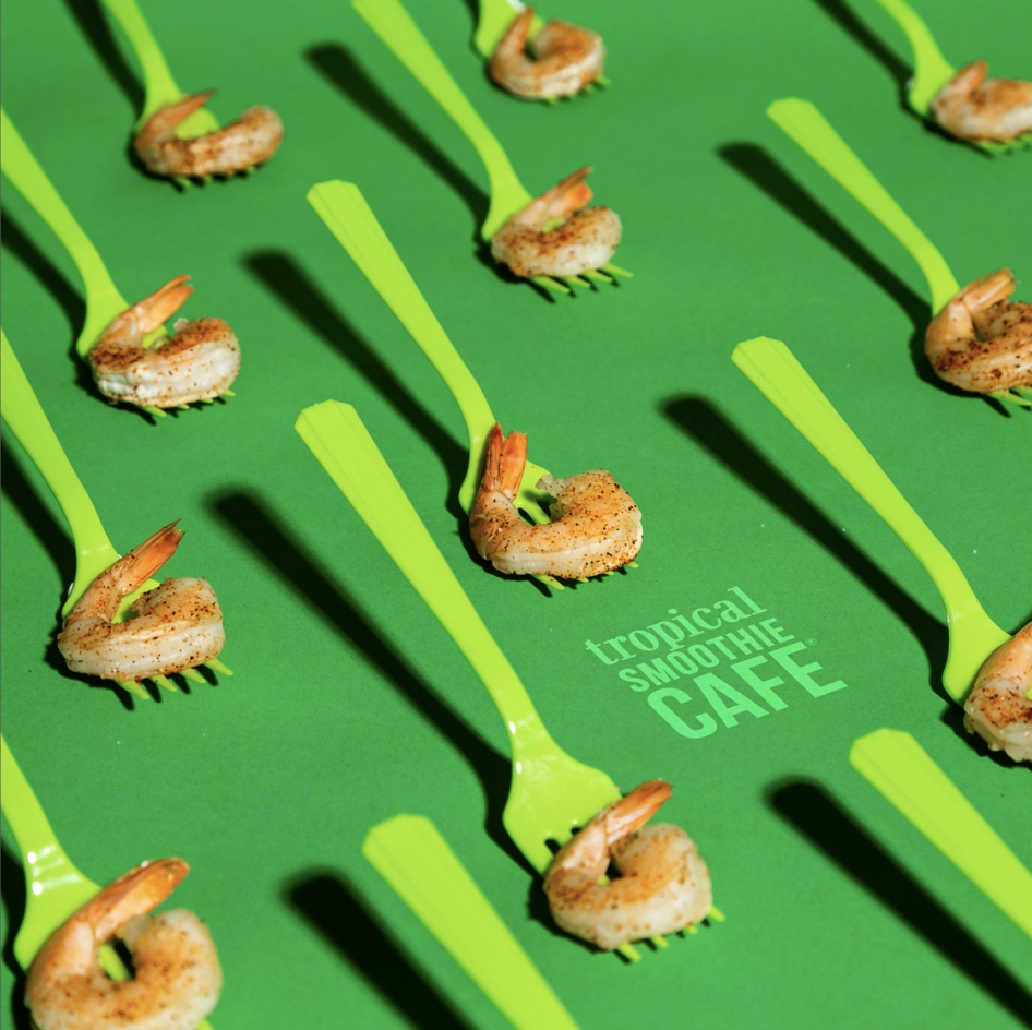 Tropical Smoothie Cafe - Logo Design, Shrimp on Forks, Graphic
