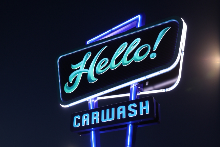 Hello Carwash - Logo Lighted Sign at Night